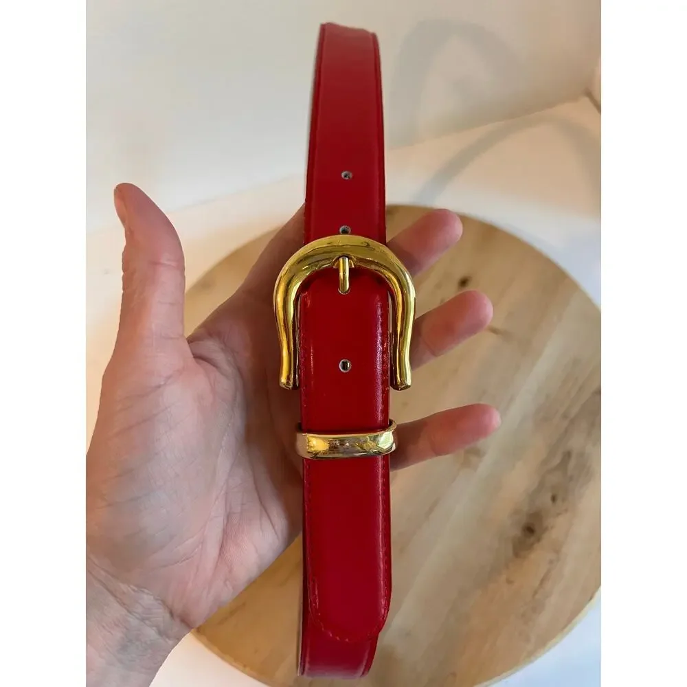 Vintage 90s Capezio Red Genuine Leather Gold Buckle Belt Size Large